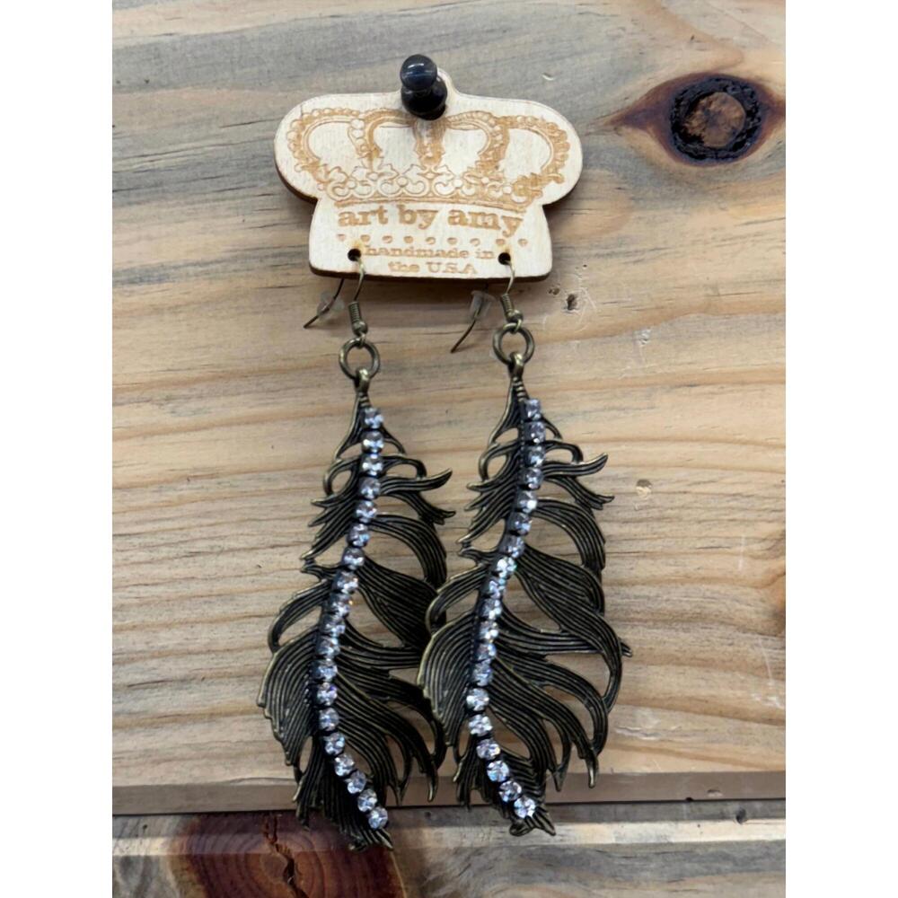 NEW ART BY AMY LABBE women's metal feather earrings in bronze